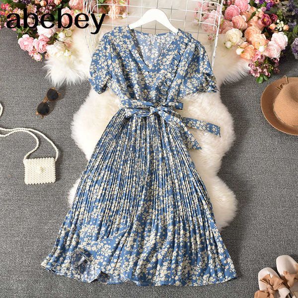 

women elegant floral pleated dress v neck puff sleeve lace up a-line dresses summer bohemian print holiday beach dress 210715, Black;gray