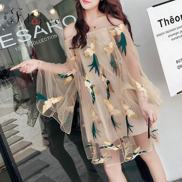 

casual dresses summer national wind fashion embroidery mesh holiday beach flare sleeve dress chiffon personalized slash neck, Black;gray