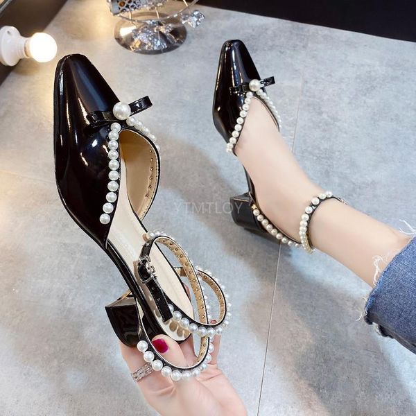 

pearl crystal pumps for women girls elegant sandals butterfly knot party dress wedding shoes buckle strap zapatilla mujer, Black