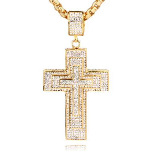 

hip hop iced out cz big jesus cross pendant & chain male gold color stainless steel christian necklace for men jewelry wholesale necklaces, Silver