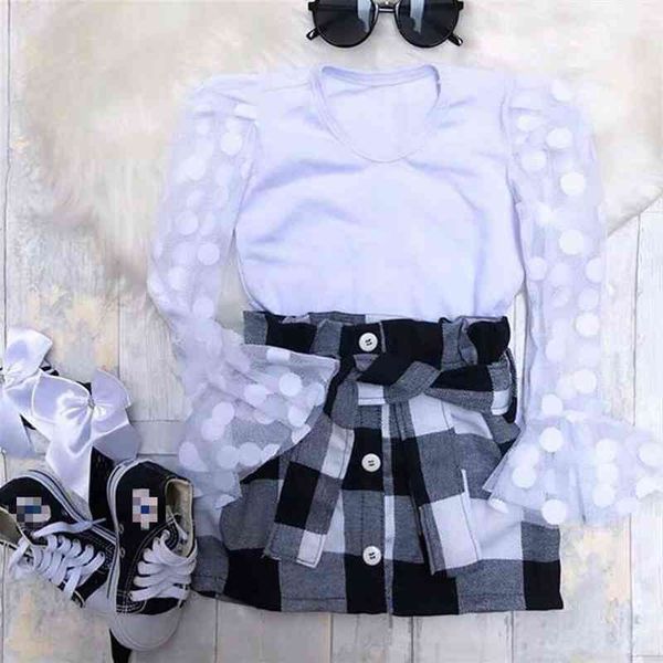 

fashion kids girls clothes sets spring autumn children mesh long puff sleeve shirts plaid a-line skirts baby outfits, White