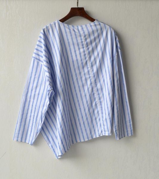 

women's blouses & shirts 100% cotton irregular blouse striped and white o-neck long sleeve casual loose lady shirt 2021
