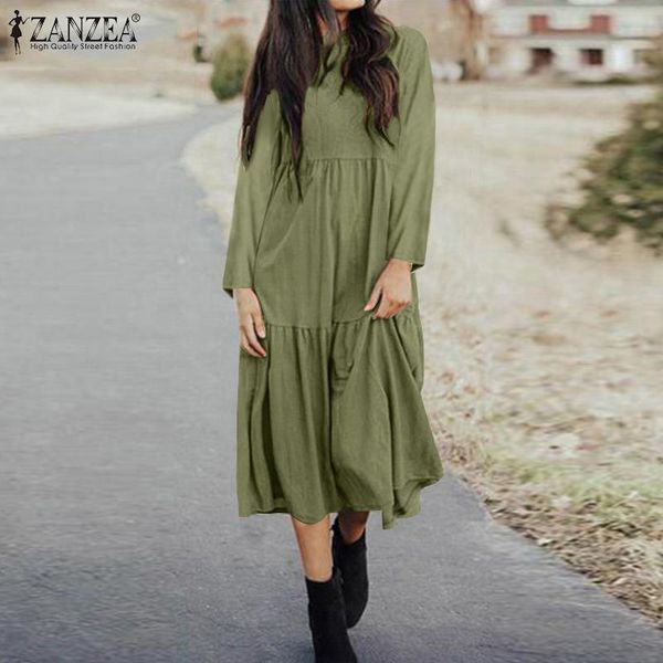 

casual dresses zanzea 2021 women long sleeve sundress autumn vintage o neck solid midi dress holiday ruffle vestidos female jupe kaftan, Black;gray