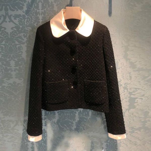 

women's jackets runway fashion rhinestone bilibili slim black short jacket 2021 spring winter luxury elegant white lapel designer vesti, Black;brown