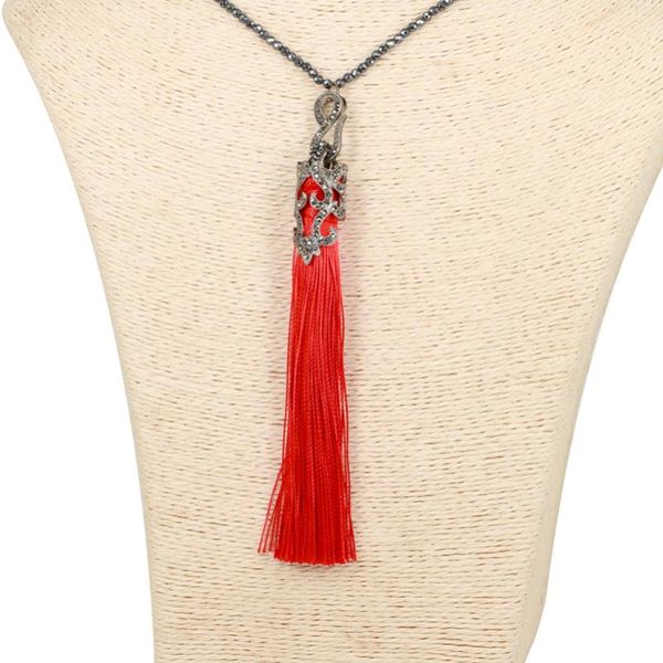 

earrings & necklace 2021 bohemia boho red silk tassel with studs earring hematite bead women chain long pendant set, Silver