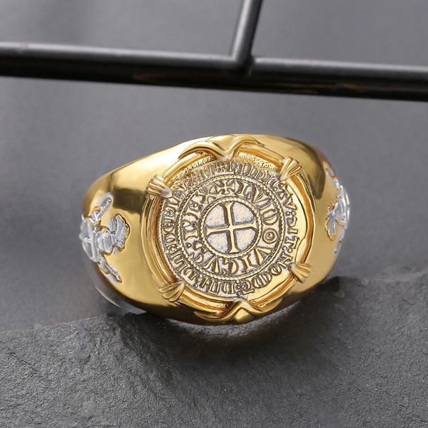 

vintage 925 silver crusaders plated gold ring coin men's gift anniversary jewelry cluster rings, Golden;silver