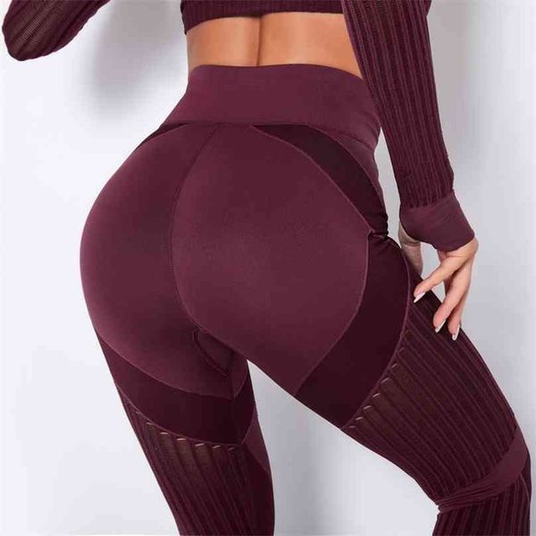 

seamless sport women leggings fitness red wine hollow print high waist elastic push up workout running pants 210925, Black
