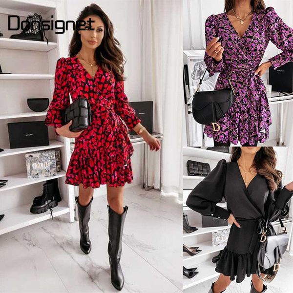 

casual dresses donsignet long lantern sleeve print wrap dress women elegant ruffles v neck red party autumn female a line, Black;gray