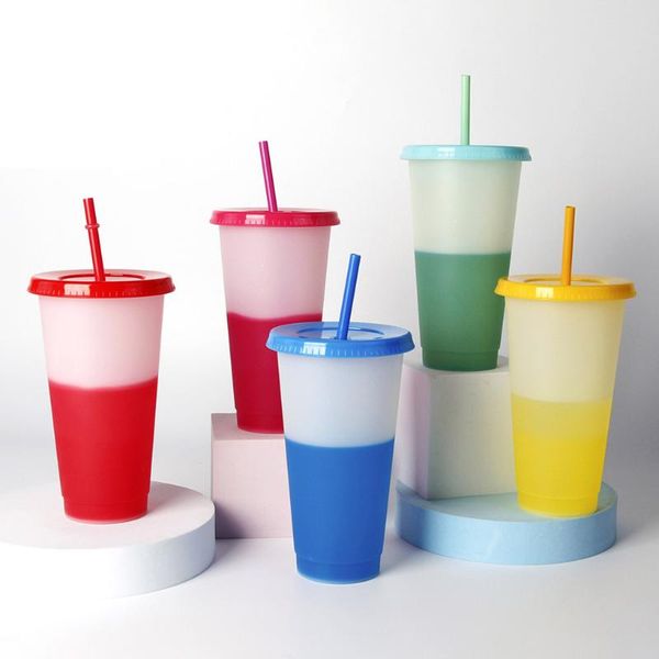 

mugs 710ml straw cup with lid logo color changing coffee reusable cups plastic tumbler matte finish 5pcs/set