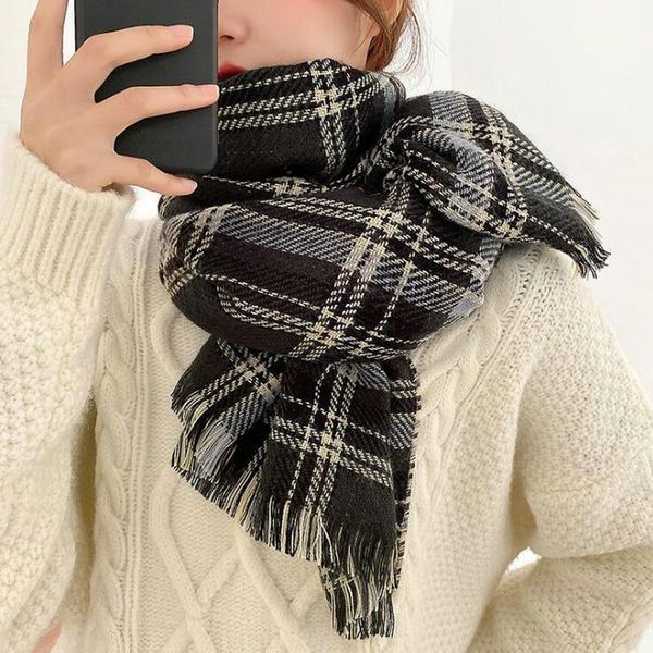 

scarves double-sided plaid scarf women autumn and winter thickened imitation cashmere warm cold-proof tassel shawl, Blue;gray