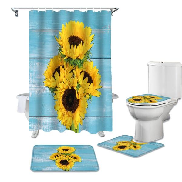 

flower sunflower blue wood grain shower curtain sets non-slip rugs toilet lid cover and bath mat waterproof bathroom curtains