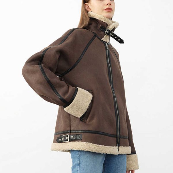 

ly varey lin autumn winter women fashion lapel long sleeve coat loose fit brown thick warm jacket 210526, Black;brown