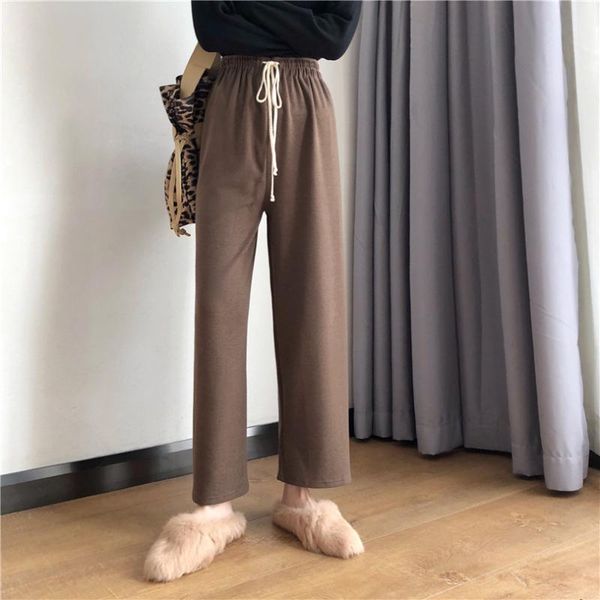 

women's pants & capris 2021 autumn drawstring women korean winter solid baggy wide leg harajuku knitted trousers plus size drop, Black;white