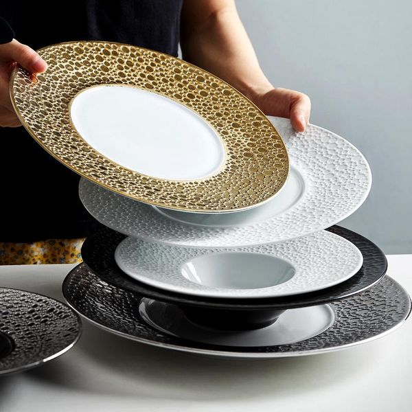

dishes & plates round gold ceramic dinner creative r surface black soup steak flat plate household pasta bowl tableware