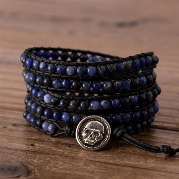 

handmade sodalite stone beaded leather wraps bracelet boho natural women jewelry wholesale drop tennis, Golden;silver
