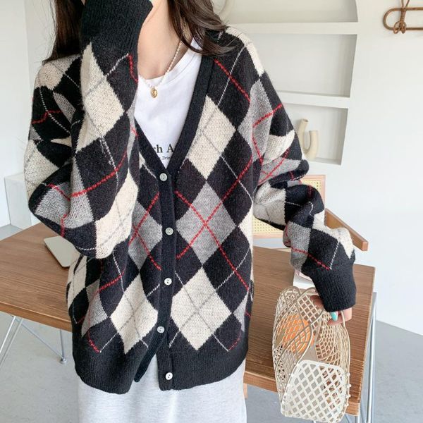 

women's knits & tees fashion retro sweaters soft v-neck lazy loose contrast color diamond knitted cardigan autumn winter argyle women, White