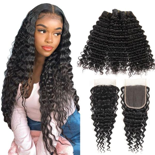 

human hair bulks deep wave bundles with closure remy brazilian extension 3 deals lace 8-28inch, Black