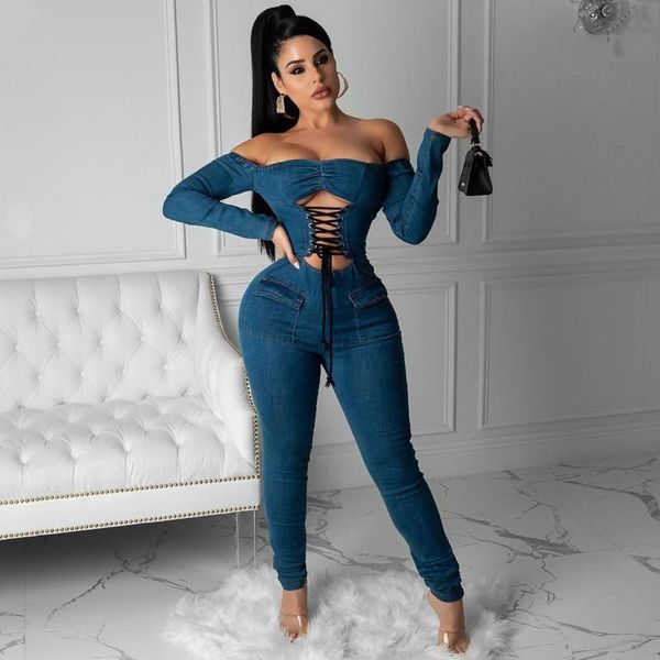 

women's jumpsuits & rompers off shoulder denim jumpsuit women hollow out skinny long sleeve lace up bodycon for streetwear, Black;white