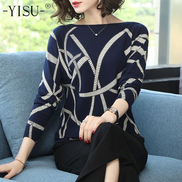 

loose sweater 2021 spring geometric print color block o neck pullover women knitwear sweaters long sleeve knitted women's, White;black