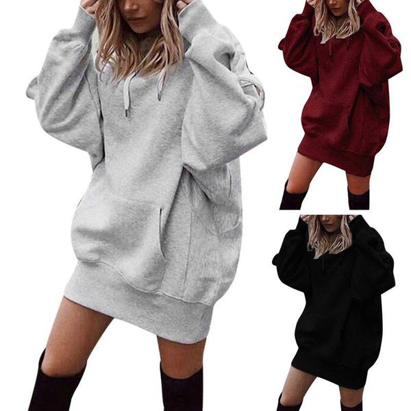 

casual dresses womens winter warm long sleeve hoodies dress solid color drawstring pullover tunic oversized sweatshirt with wholesales, Black;gray