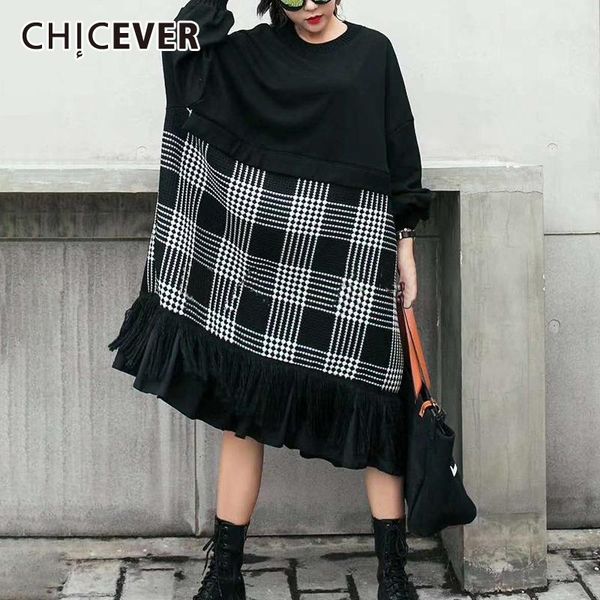 

casual dresses chicever loose dress for women o neck long bawting sleeve plaid patchwork ruffles midi female fashion clothes, Black;gray