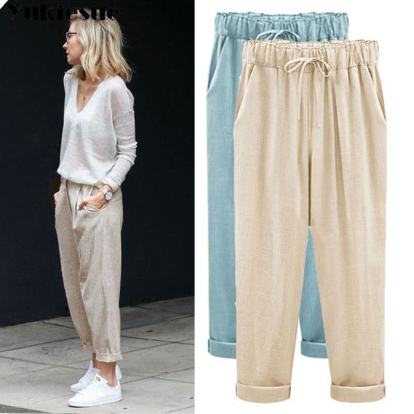 

cotton linen harem pants women summer casual ol elastic high waist slim work plus size 5xl trousers 210518, Black;white