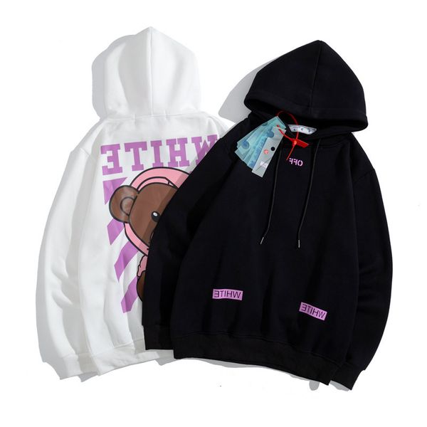 

street 2021 high autumn winter off co branded bear stripe letter printing casual loose men's and women's same sweater, Black