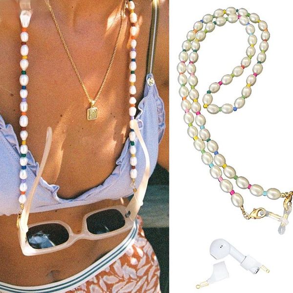 

earrings & necklace 2021 ins trendy colorful beads pearl mask chain glasses earbuds wireless headphone anti-lost strap lanyard, Silver