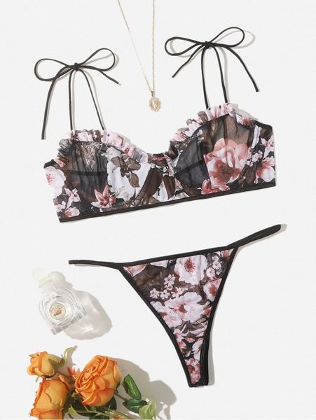 

plus floral print underwire tie shoulder lingerie set t7fj#, Black;white