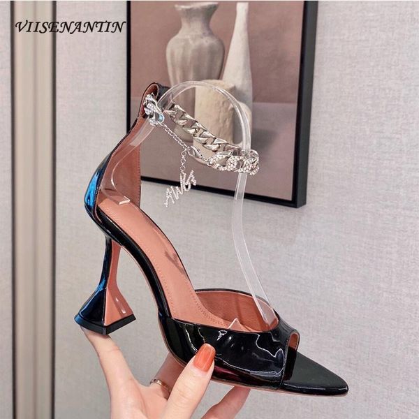 

summer french pointed toe celebrity temperament shallow patent leather fish mouth bare ankle crystal chain high-heeled sandals dress shoes, Black