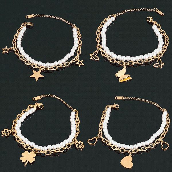 

link, chain stainless steel bracelets for women pearl bracelet heart clover charm butterfly double-layer jewelry, Black