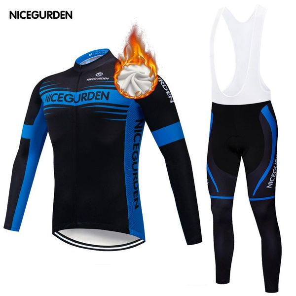

racing sets 2021 cycling men's long sleeve suit strap mountain bike jersey pro shirt warm and velvet, Black;blue