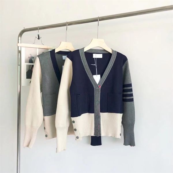 

tb academic classic four bar knitted cardigan women's 2021 autumn v-neck color matching thin long sleeve sweater coat1, Black