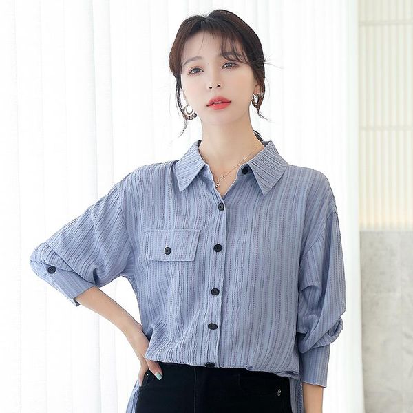 

women's blouses & shirts 2021 arrival spring/autumn women loose casual long sleeve turn-down collar blouse single-breasted striped chif, White