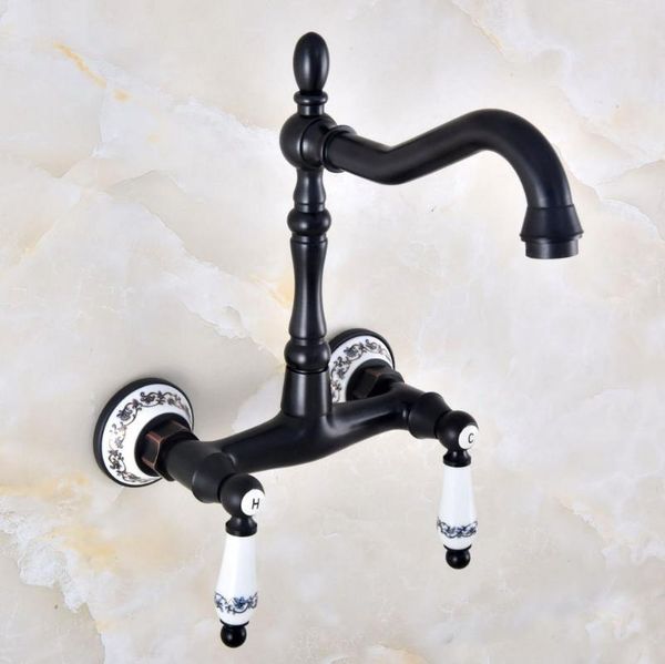 

bathroom sink faucets black oil rubbed brass double hole lever handle kitchen basin faucet mixer / cold tap swivel spout 360' dnf831