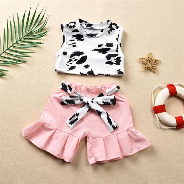 

clothing sets 1-6y fashion summer toddler kids baby girls clothes cow pattern sleeveless tank casual shorts outfits 2pcs, White