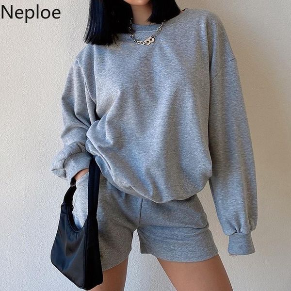

women's tracksuits neploe 2021 two piece set women loose pullovers casual short wide leg pants korean fahison tracksuit 2 pcs femme ro, Gray