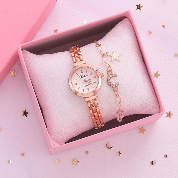 

small exquisite european style beauty leisure bracelet watch suit retro women 2pcs set starry sky ladies wristwatches, Slivery;brown