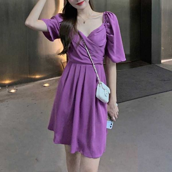 

vintage puff sleeve solid color women dress summer v-neck slim waist a-line female vestidos femme 210526, Black;gray