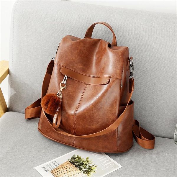 

women backpack vintage oil wax pu leather bagpack waterproof anti theft ladies leisure travel back pack