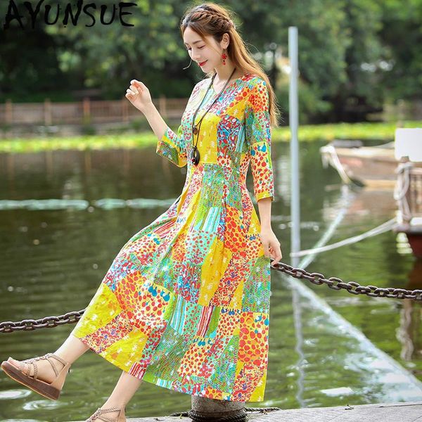 

casual dresses ayunsue 2021 spring summer floral boho dress women beach vintage long elegant womens cotton linen vestido kj4384, Black;gray