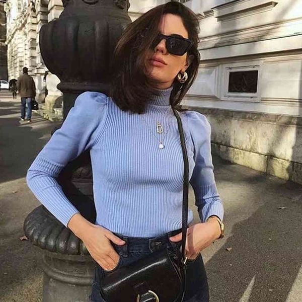 

women casual solid long puff sleeve knitted spring-autumn fashion blue turtleneck sweater black pullover jumpers 210421, White;black