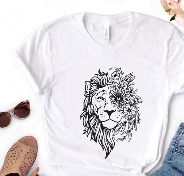 

women t shirt lion face floral print short sleeve o neck loose ladies causal, White