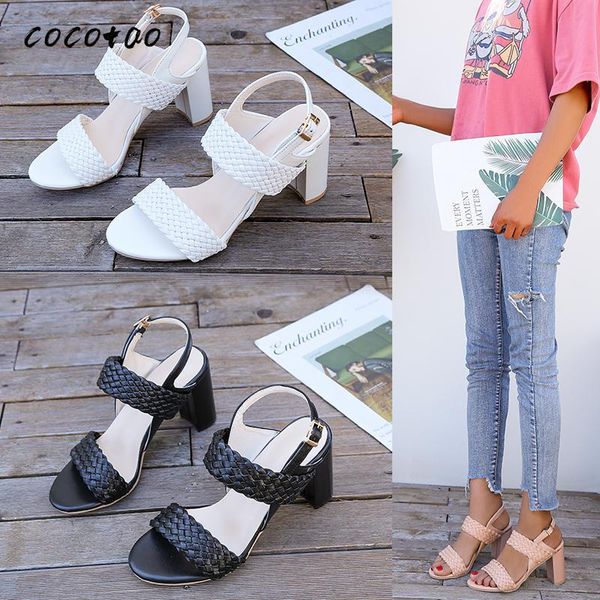 

bohemian sandals female spring and summer thick high-heeled wild retro ethnic style roman vacation beach shoes casual, Black