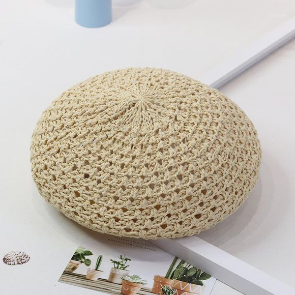 

women's hollow out straw paper beret hat female spring summer breathable lightweight octagonal pumpkin hats artist painter cap berets, Blue;gray
