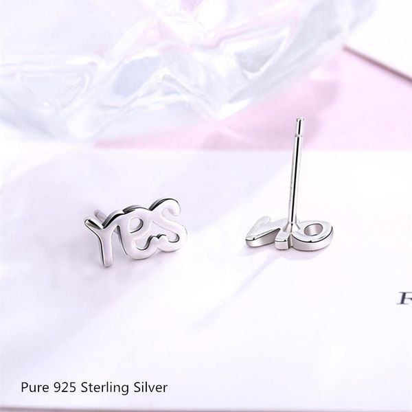 

stud buyee female asymmetric earring carved yes and no real 925 sterling silver fashion small for women jewelry gift, Golden;silver