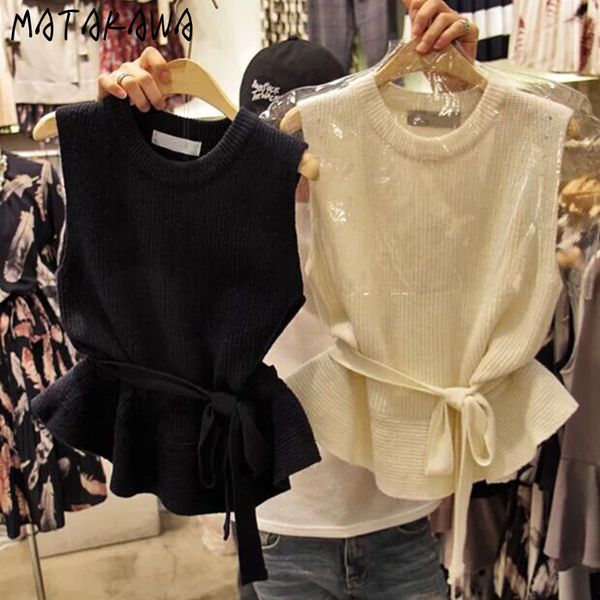 

matakawa solid sleeveless jacket women korean lace-up waist vest women o-neck knitted sweater vest 210513, Black;white