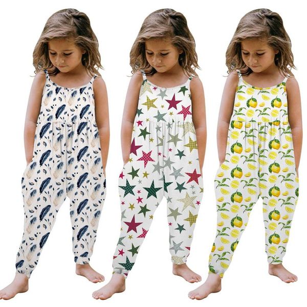 

jumpsuits toddler kids baby girls star feather lemon print sleeveless summer romper jumpsuit playsuit clothes halter outfits, Blue
