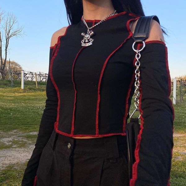 

women's t-shirt goth hollow out fashion t shirt women long sleeve crop 2021 winter fall clothes punk streetwear gothic tee, White