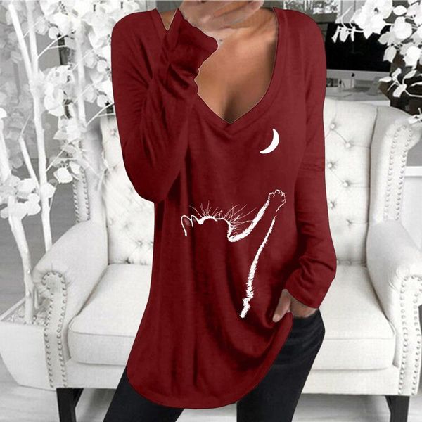 

women's t-shirt cute cat print long sleeve v neck pullover casual all-match novel t-shirts women cotton black gray, White